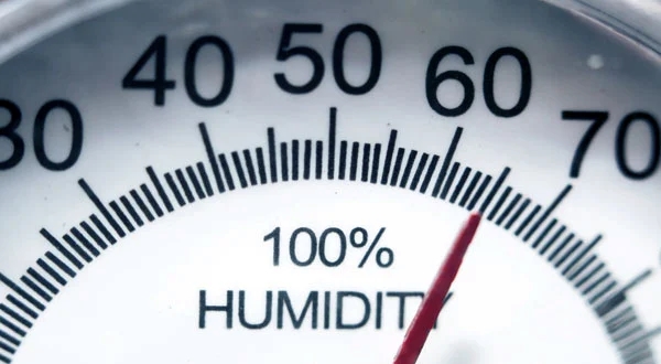 A close-up view of a humidity sensor dial display.