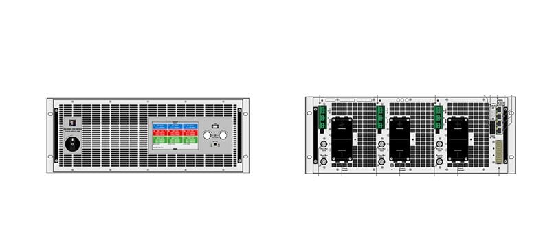 Front and rear panels of an EA-PSB 20000 Programmable Bidirectional Power Supply. The rear panel shows the connections for the three independent power supplies. 