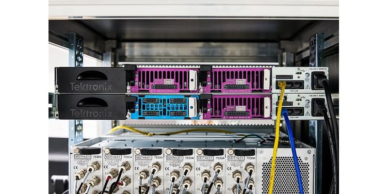 Rear view of 2 Mp5000 mainframes testing 8 channels