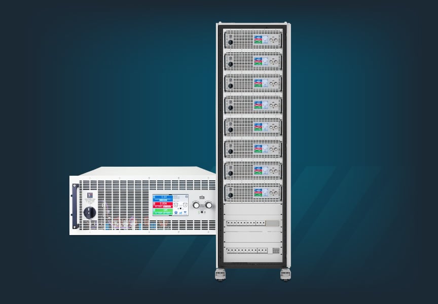 Side by side image showing the ELR 21000 device next to the ELR 21000 dynamic test system rack