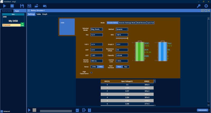 Battery Simulation Settings on KickStart Battery Simulator App
