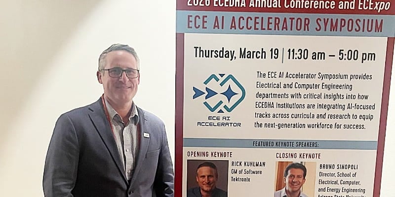 Rick Kuhlman, GM of Tektronix Software, delivering a keynote on advancing AI-driven test and measurement workflows at the ECE AI Accelerator Symposium