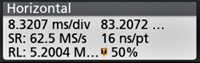 The Horizontal settings badge on the 4 Series MSO shows sample rate (SR) and record length (RL)