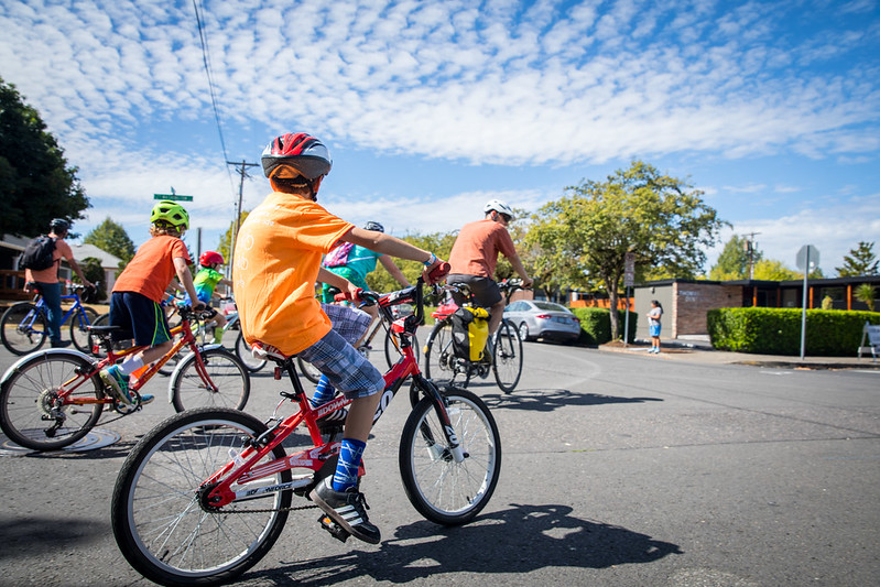 Families biking in Beaverton Oregon near the Tektronix campus