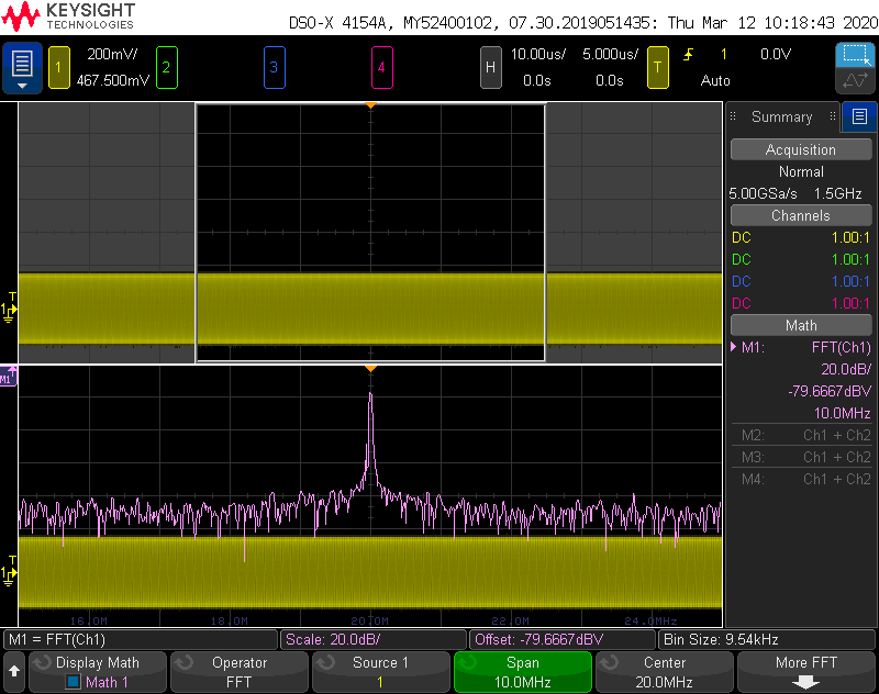 A gated FFT shown on the 4000A X-Series Keysight oscilloscope