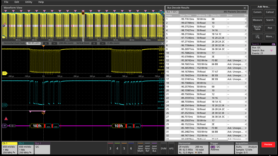 Example of serial decode and analysis of an I2C bus on the 4 Series MSO
