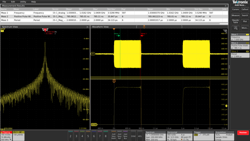 A graphic user interface displaying RF frequency trigger on wireless burst signal