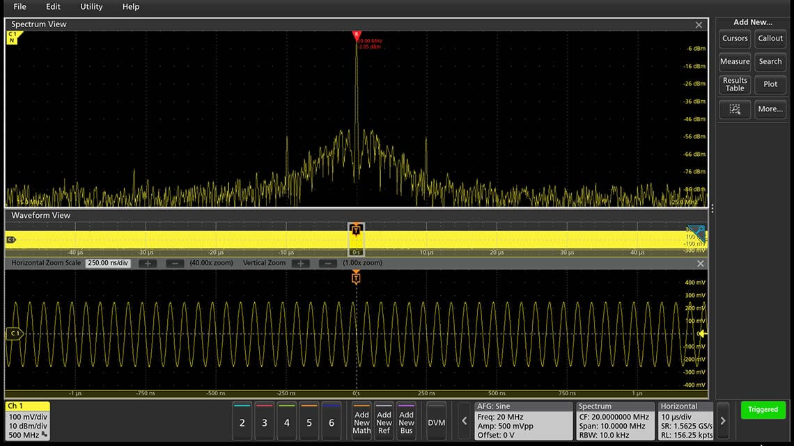 Spectrum View enabled on the 4 Series MSO provides a spectrum analyzer type display
