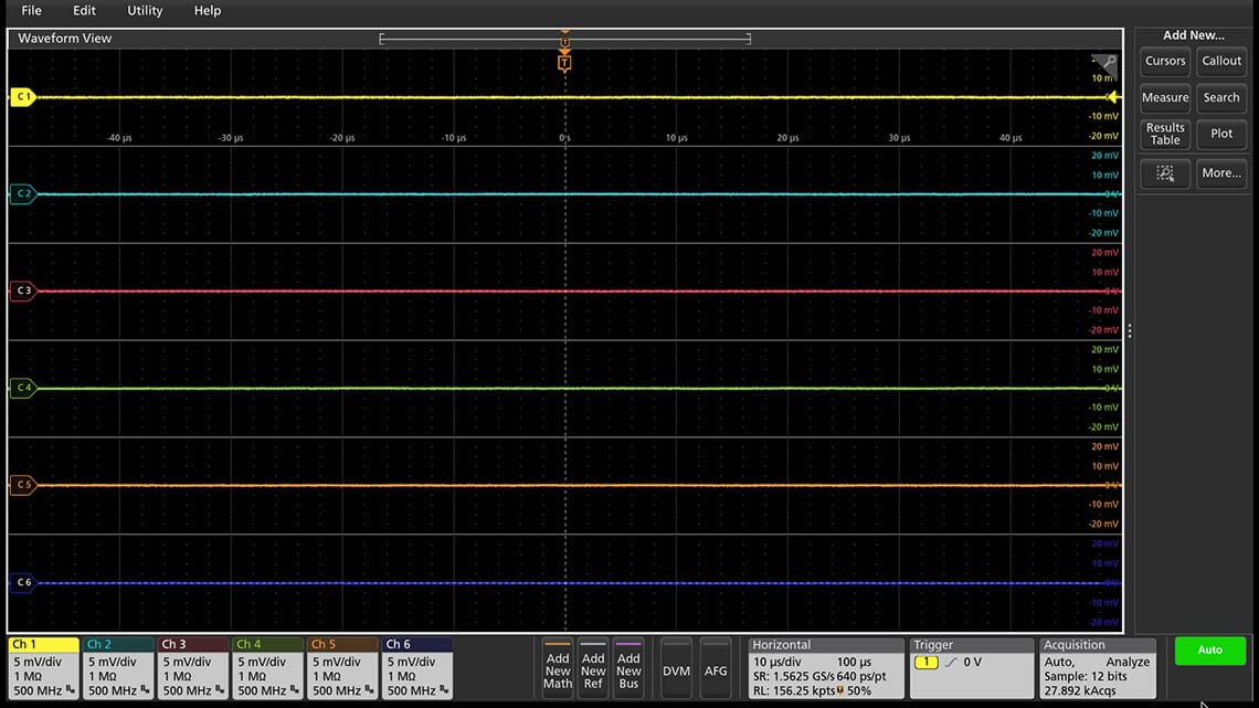 Stacked display mode of the 4 Series MSO enables different vertical settings for each channel