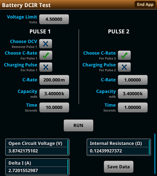 Configuration and results of DCIR test on a Keithley 2461 Graphical Touchscreen SMU