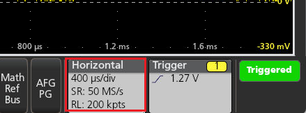 Horizontal badge on the bottom right of the oscilloscope display can be used to adjust horizontal settings.