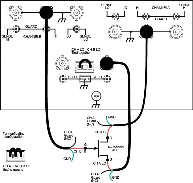 Two SMUs (Model 2634B or 2636B) connected to a 3-terminal device (local sensing, floating)