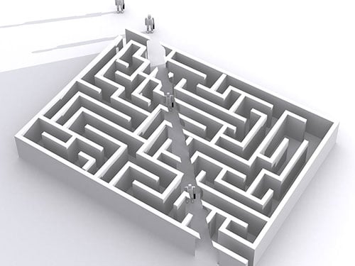 A white-walled maze split in half and robots navigating. Illustrating a complex concept related to linear power supplies