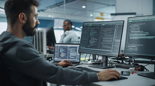 Automation testing expert viewing three screens and writing test scripts
