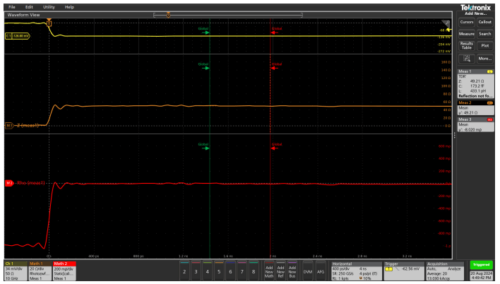 Time-domain reflectometry (TDR) measurement graph showing impedance and reflection response over time.
