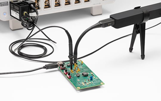 TICP IsoVu Isolated Current Probe connected 5 Series B MSO and device under test.