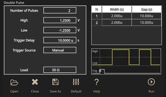 A screenshot from a Tektronix AFG31000 displaying the optional Double Pulse software