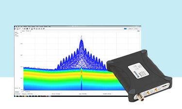 A screenshot from Tektronix spectrum analyzer software overlayed with a Tektronix RSA signal analyzer.