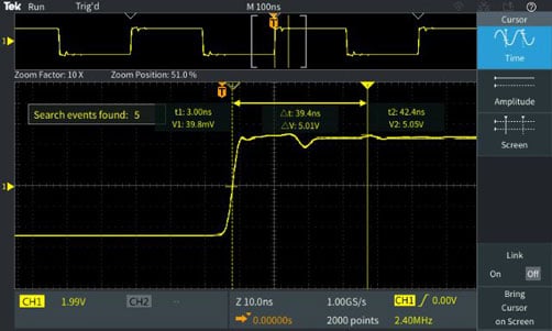 Search and mark parameters easily with the TBS2000B oscilloscope