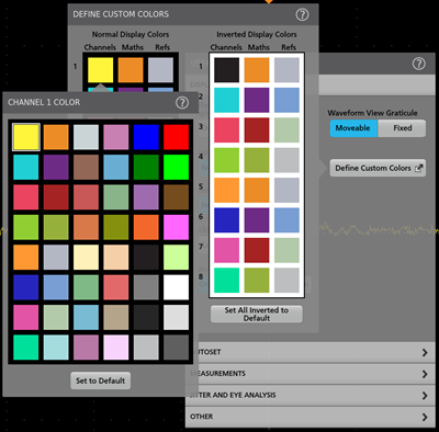 The Define Custom Colors menu of a Tektronix oscilloscope showing the color options available for channel 1