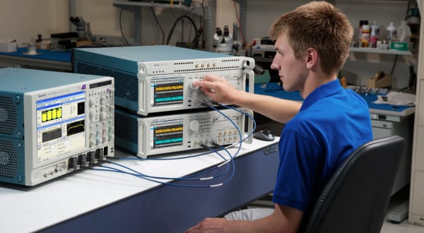 A technician operating an oscilloscope in a laboratory setting with various electronic equipment on shelves
