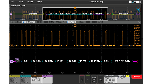 CAN bus decoded on an automotive oscilloscope