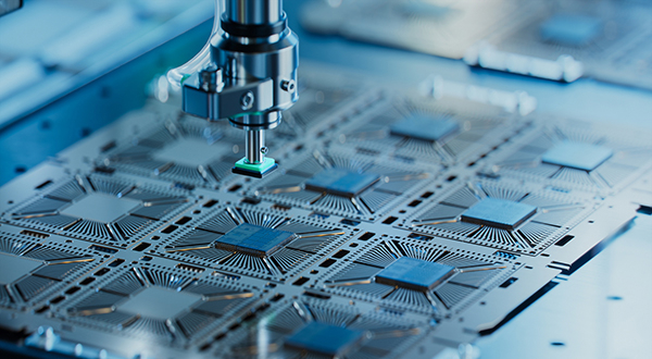 Semiconductor packaging with silicon die being extracted from semiconductor wafer and attached to substrate by pick and place machine.