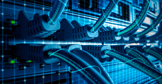 Close-up of network cables connected to a switch in a data center, with glowing blue lines indicating data transfer.