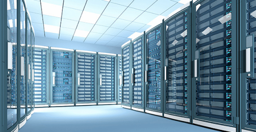 Close-up of server racks in a data center, showing multiple server units with indicator lights and ventilation panels.