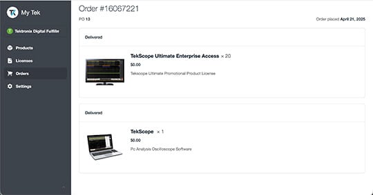 Tektronix License Management System - Order Page