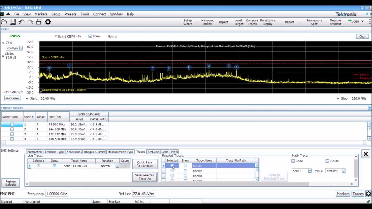SignalVuPC with EMCVu Compare Traces Tektronix
