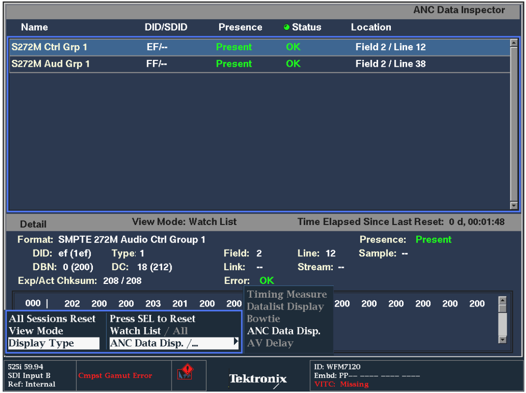 MEAS Display Type menu for ANC Data Display