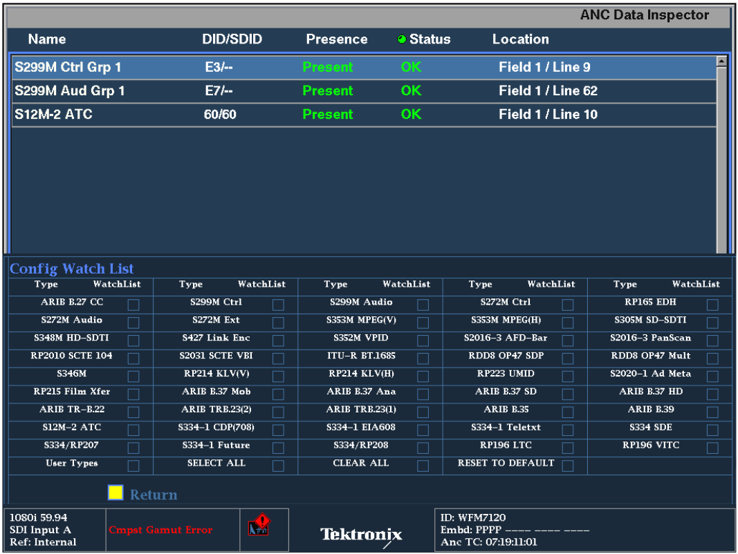 Watch List Configuration menu
