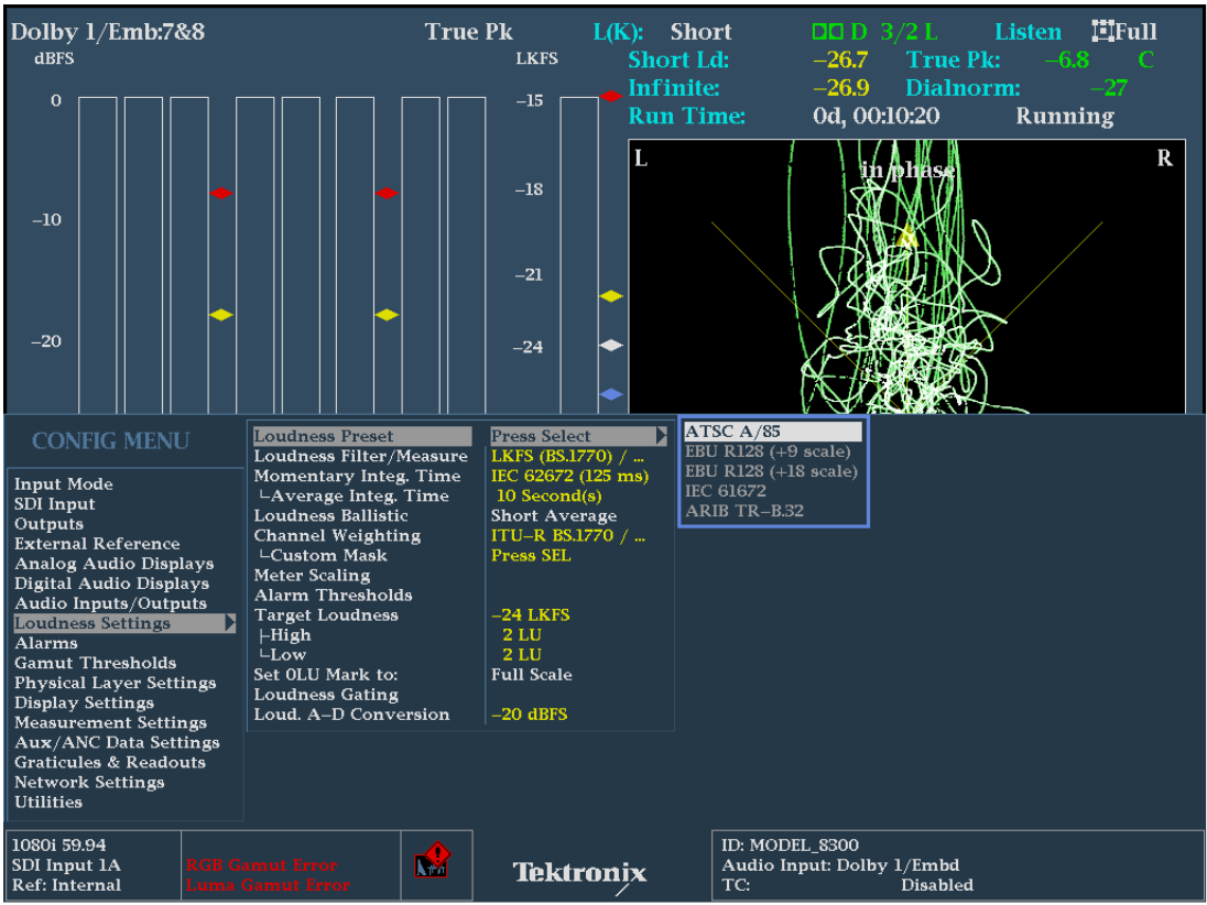 Loudness Preset Configuration menu