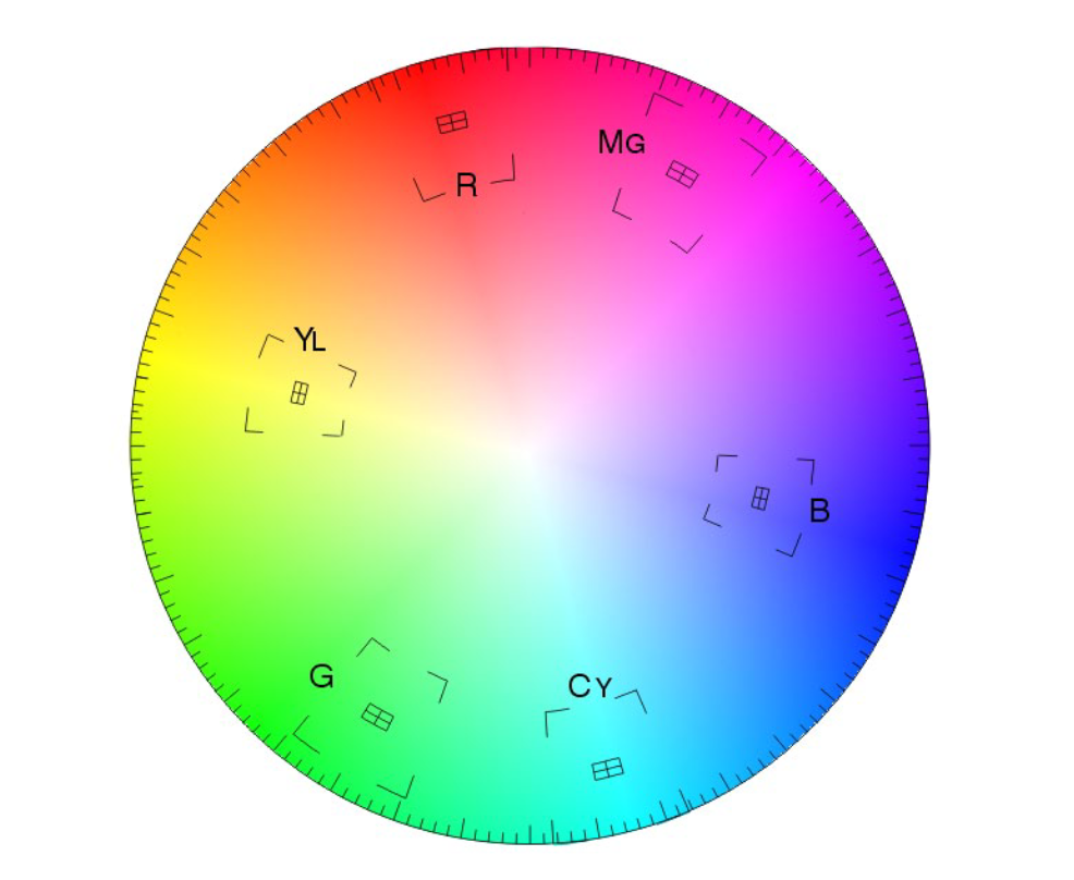 The graticule of a vectorscope superimposed with a color wheel