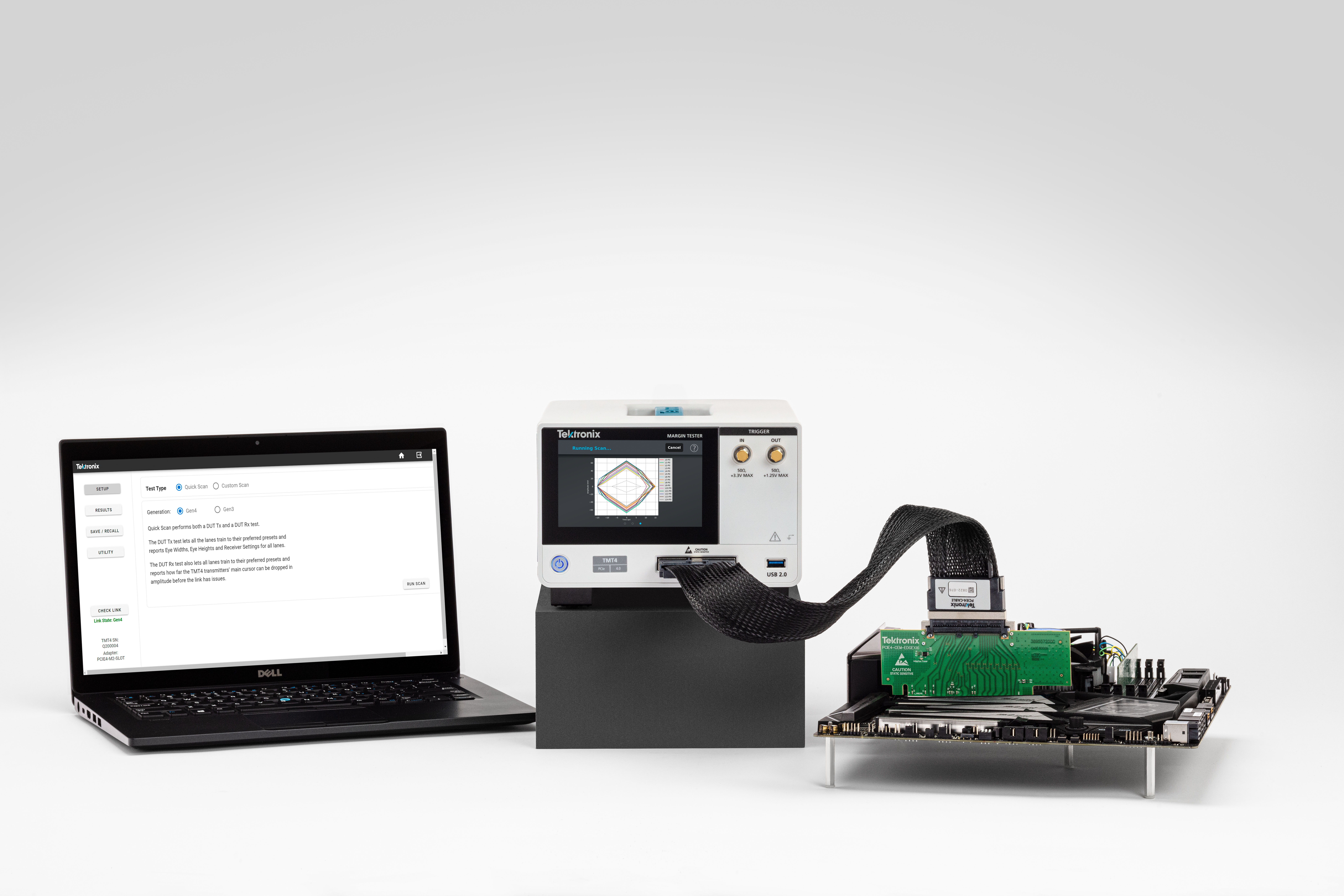 TMT4 Margin Tester (center), CEM Edge Adapter (right) and Networked Access to Results on PC (left).
