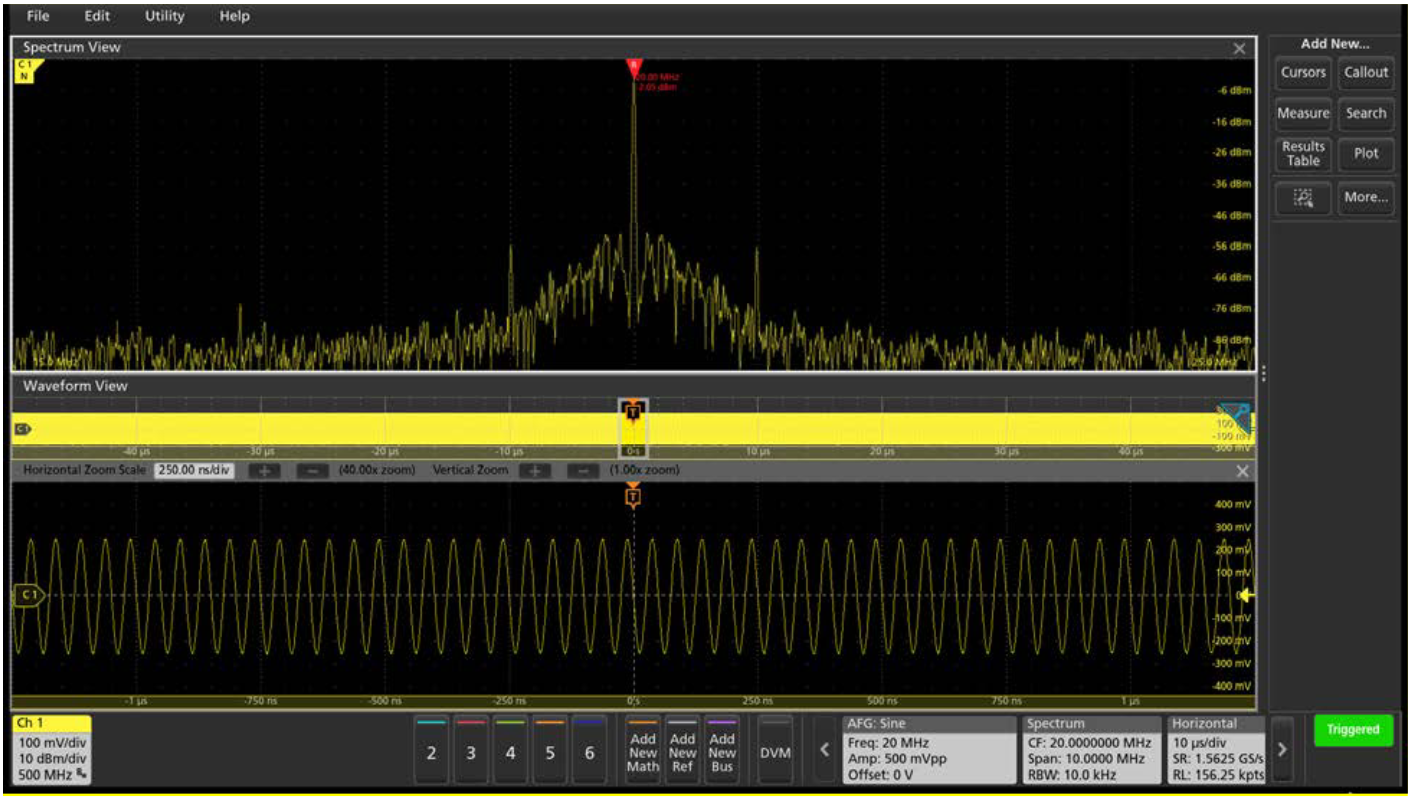 Spectrum View enabled on the 4 Series MSO provides a spectrum analyzer type display