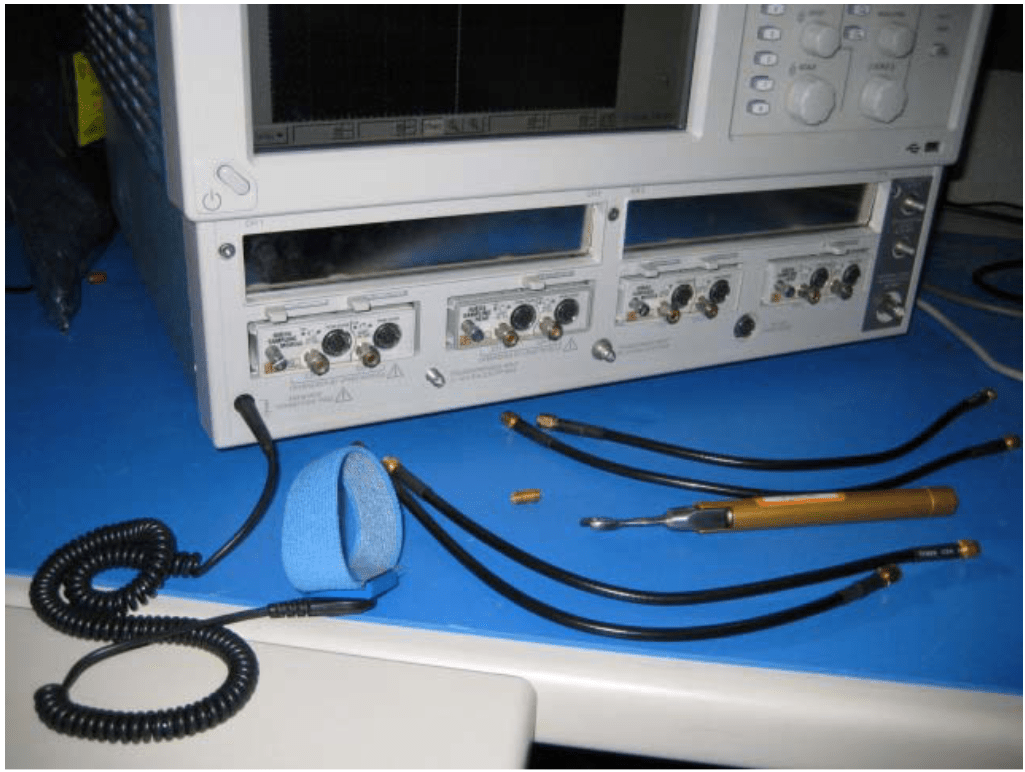 Equipment required to perform mixed mode deskew procedure. The wrist strap is important for ESD protection and a calibrated torque wrench is recommended to protect the connectors and to get good repeatability.