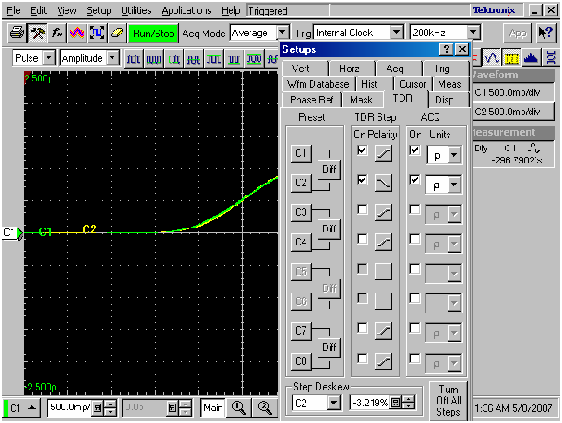 Differential TDR step deskew. C1 and C2 are aligned within ~300fs.