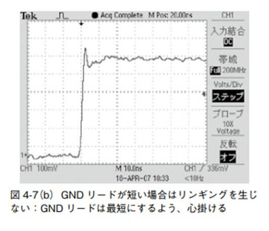 図 4-7(b)GNDリードが短い場合はリンギングを生じない:GND リードは最短にするよう、心掛ける