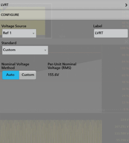 This screen capture from a modern Tektronix oscilloscope shows the configuration menu for the Low voltage ride-through measurement with options for setting the voltage source, choosing the standard that inverter performance must be verified against including CEA, IEEE 1547, and EVS-EN 50549, and custom, setting nominal voltage method, and adding a label.