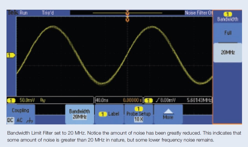 Reducing Noise : Bandwidth Limit Filter set to 20 MHz. Notice the amount of noise has been greatly reduced. This indicates that some amount of noise is greater than 20 MHz in nature, but some lower frequency noise remains.