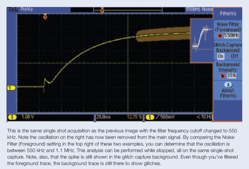 This is the same single shot acquisition as the previous image with the filter frequency cutoff changed to 550 kHz. Note the oscillation on the right has now been removed from the main signal.