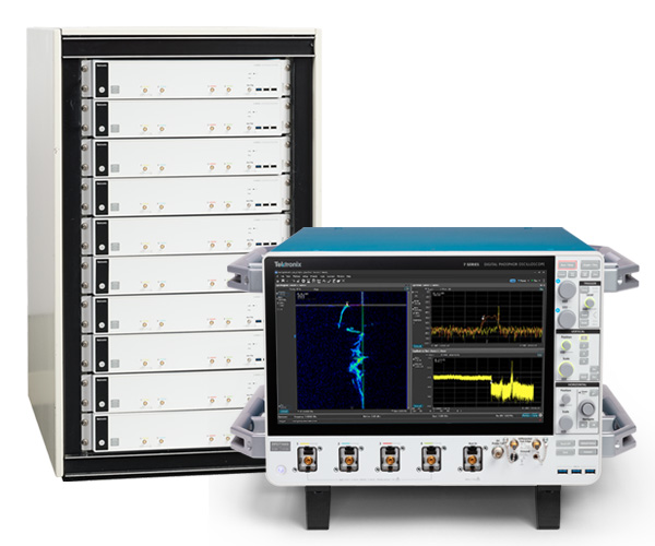 Image of the 7 Series DPO showing a PDV measurement screen along side the 6 Series MSO in a rack configuration.