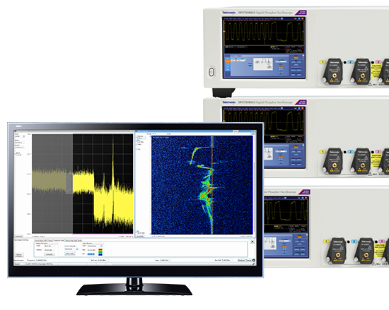 Monitor with a PDV measurement on the screen sitting next to a stack of three Tektronix DPO70000SX performance oscilloscopes.