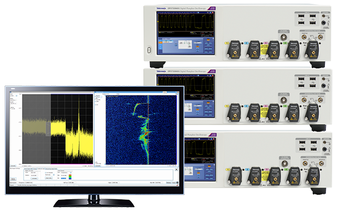 Monitor with a PDV measurement on the screen sitting next to a stack of three Tektronix DPO70000SX performance oscilloscopes.
