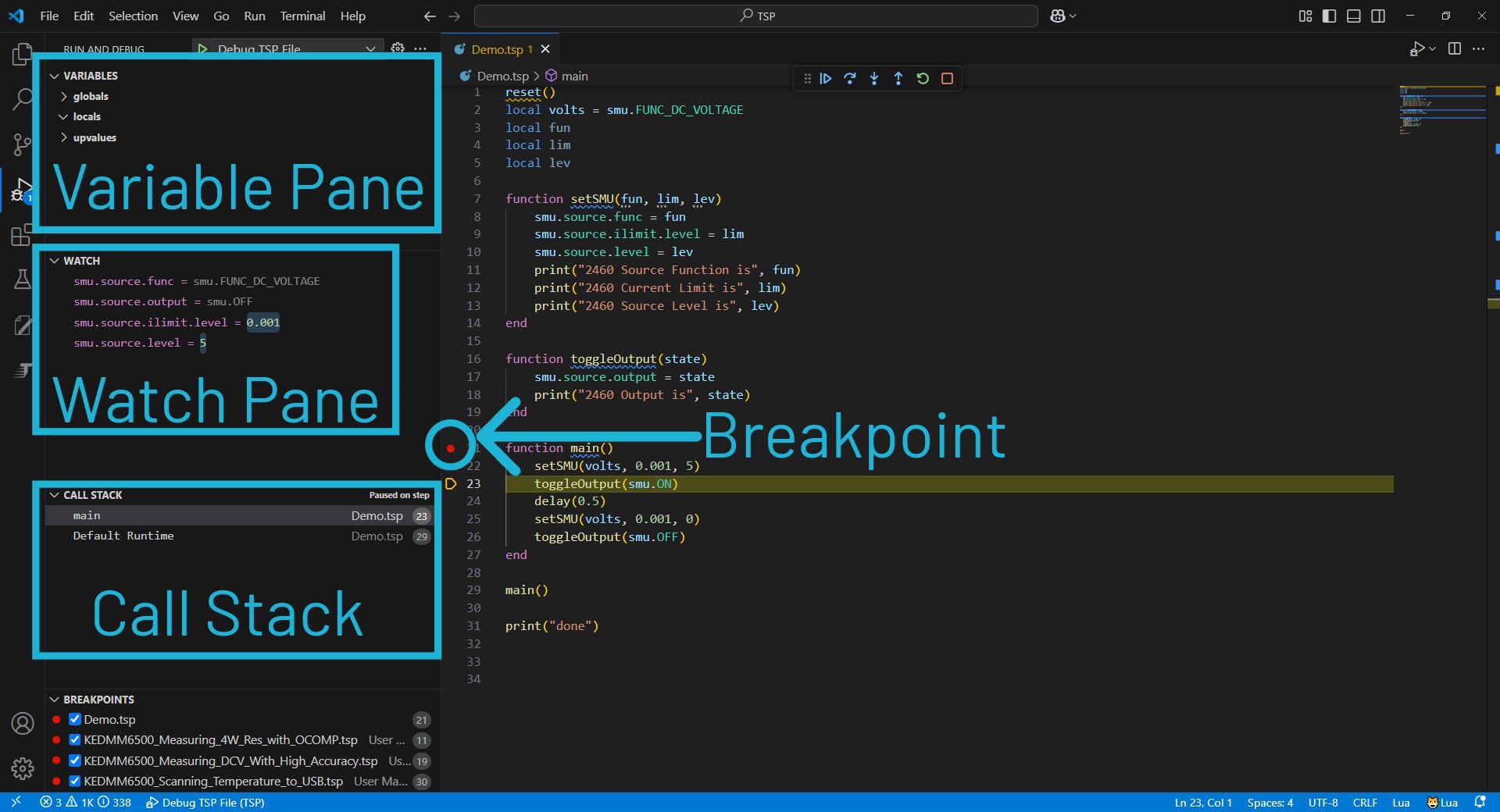 TSP Toolkit's newest debugging features including a watch pane, variable pane, call stack, and breakpoints.
