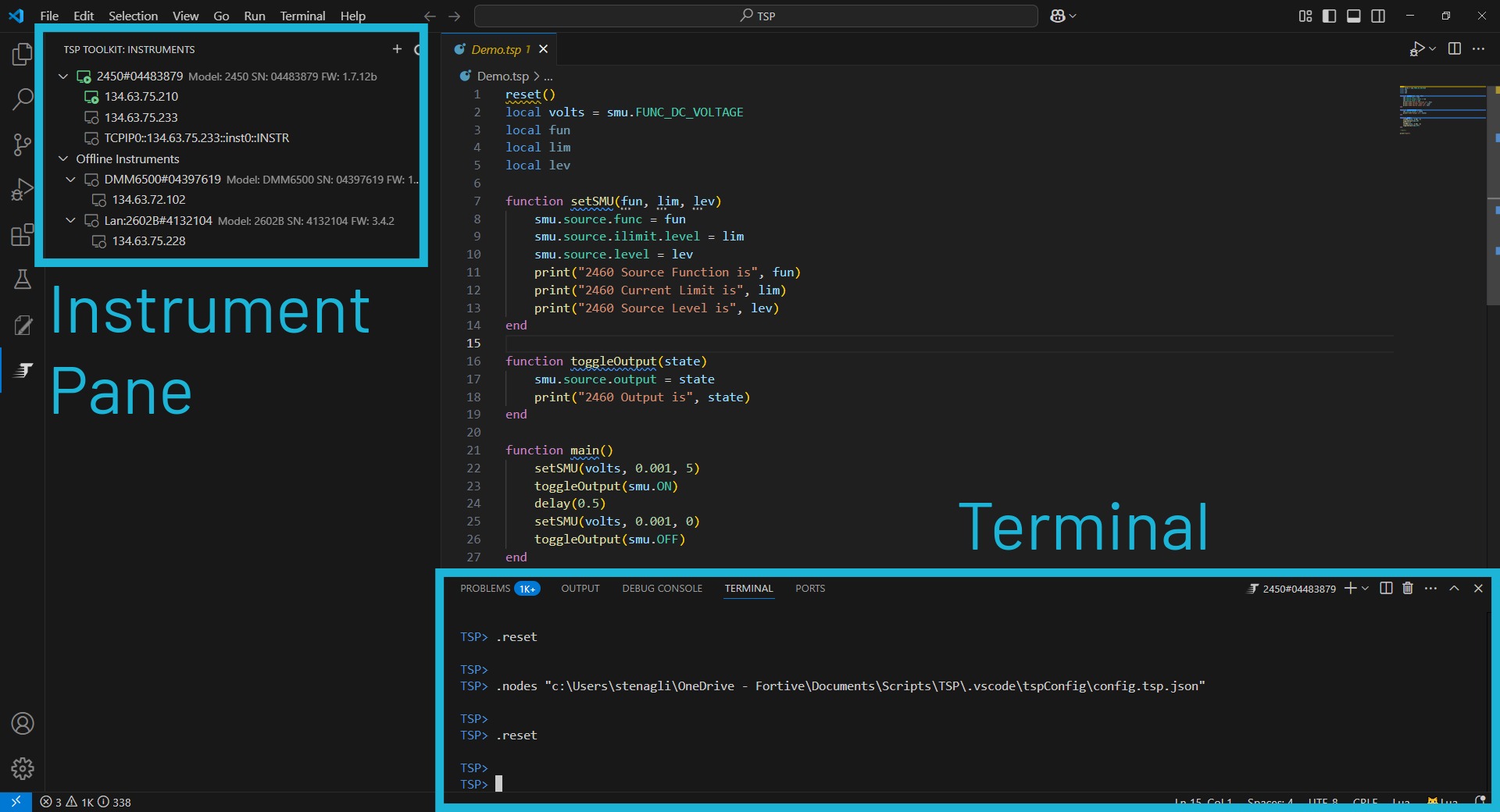 TSP Toolkit's terminal and instrument pane for easy scripting