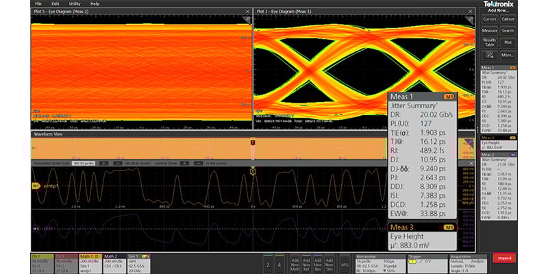 Measurement screen showing 20 Gb/s with QuietChannel technology through 17-inch trace.