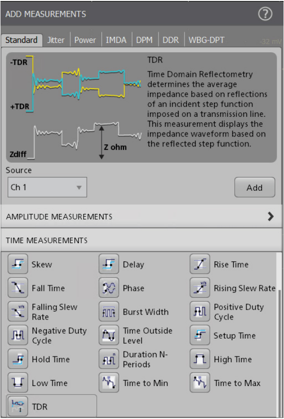 TDR measurement option displayed in the oscilloscope software menu